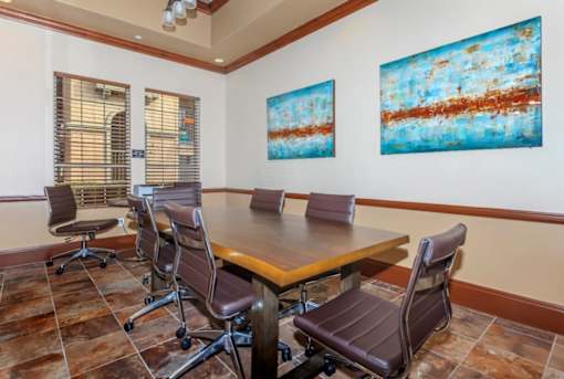 Business center with a wall with paintings on it