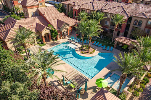 an aerial view of the pool