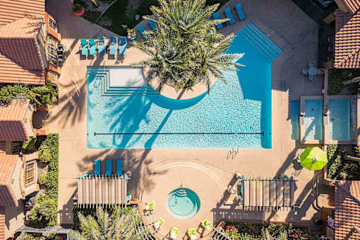 an aerial view of a swimming pool with palm trees