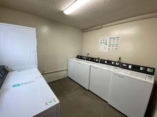 A row of washing machines in a laundry room.