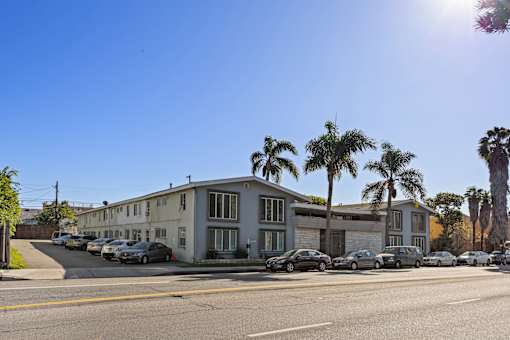 A sunny day in a residential area with apartment buildings and parked cars.
