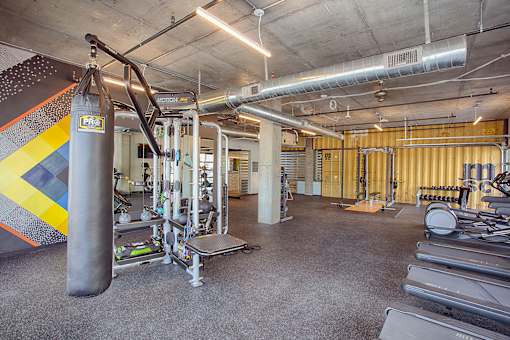 A gym with a punching bag and weightlifting equipment.