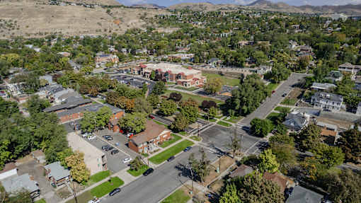 A small town with a large building in the center.