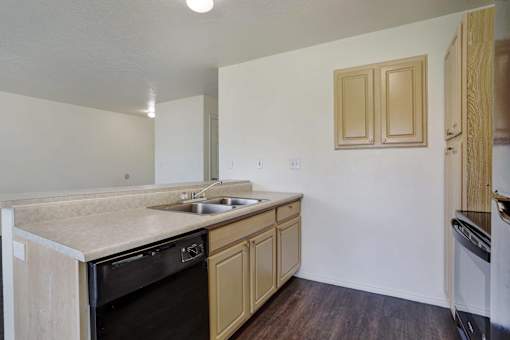 A kitchen with a sink, dishwasher and cabinets.