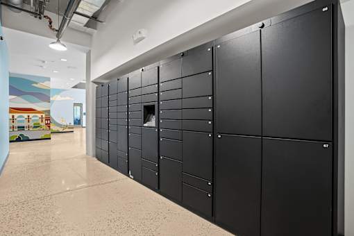 A long black storage unit with a door in the middle is in a room.