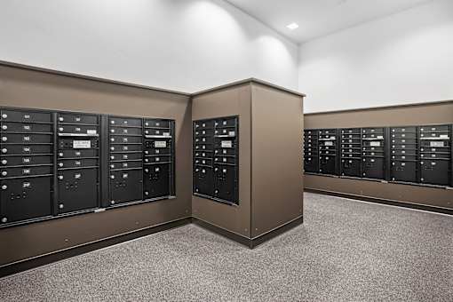 A room with a carpeted floor and a wall of mailboxes.