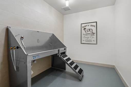 A dirty dog sign is on the wall above a metal sink.