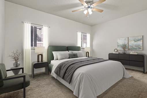 A bedroom with a bed, nightstand, and a dresser.