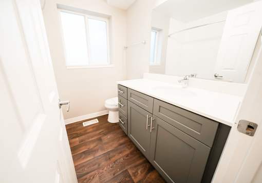A bathroom with a toilet, sink, and wooden floors.