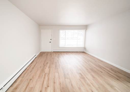A room with a wooden floor and a white door.