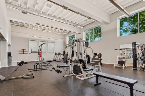 the gym has plenty of exercise equipment and windows