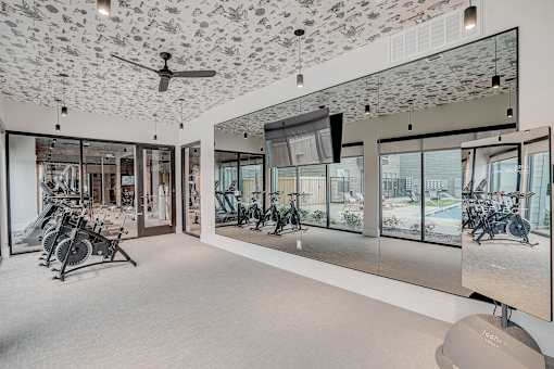 Fitness center with mirrored walls and cardio equipment at The Mill Old Town Apartments, Lewisville, Texas