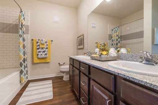 Modern bathroom interior at Auberge of Tyler apartments in Tyler TX featuring updated fixtures and finishes.