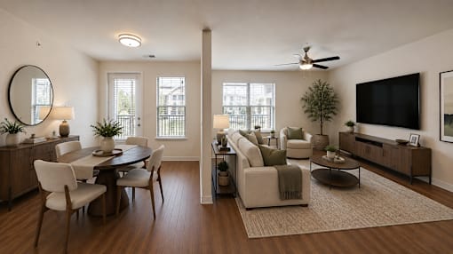 Open living and dining area with large windows and modern finishes at Auberge of Tyler.