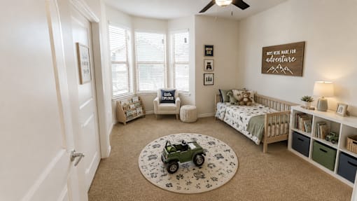 Bright bedroom staged as a children's room with playful décor and plenty of natural light at Auberge of Tyler.