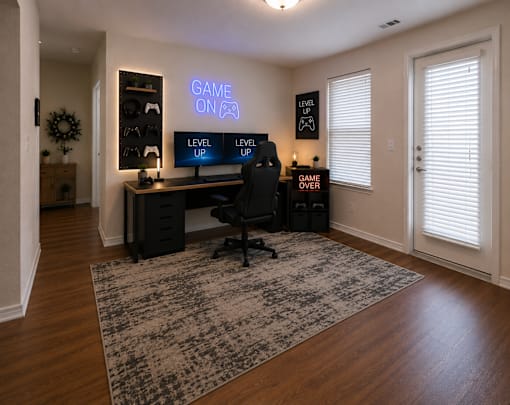 Flexible den staged as a gaming room or media space in a one-bedroom apartment at Auberge of Tyler.