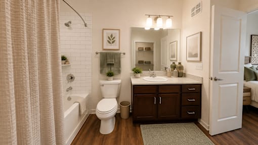 Secondary bathroom with vanity, bathtub, and modern finishes in a two-bedroom apartment at Auberge of Tyler.