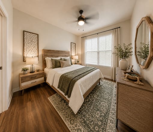 Secondary bedroom in a two-bedroom apartment home at Auberge of Tyler with natural light and modern finishes.