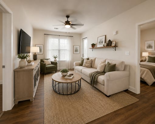 Bright living room with comfortable seating, modern décor, and an open layout in a two-bedroom apartment at Auberge of Tyler.