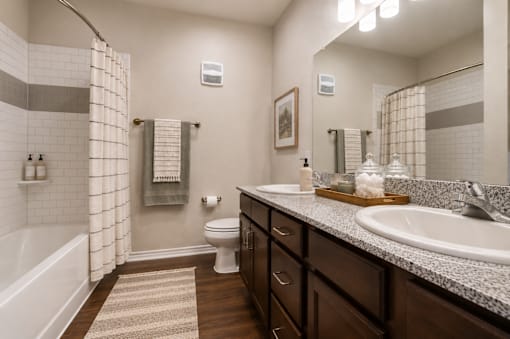Modern apartment bathroom with a large vanity, bathtub, shower, and updated fixtures at Auberge of Tyler.