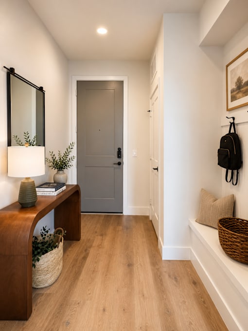 Spacious apartment entry with built-in storage and modern finishes.