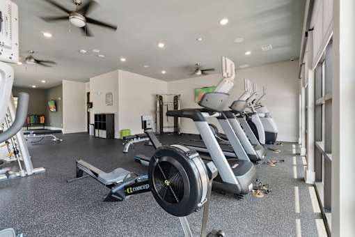 A gym with treadmills and elliptical machines.