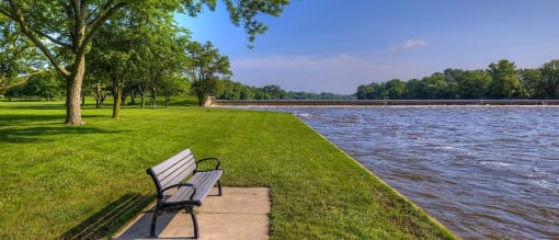 Riverside park with benches at Panton Mill Station Apartments,J Street Property Services, LLC, South Elgin, IL