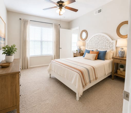 A bedroom with a large bed and a ceiling fan.