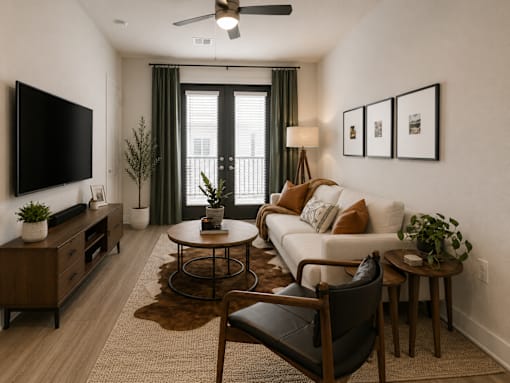 Spacious living room with abundant natural light, modern finishes, and open-concept design at The Mill Old Town Apartments.