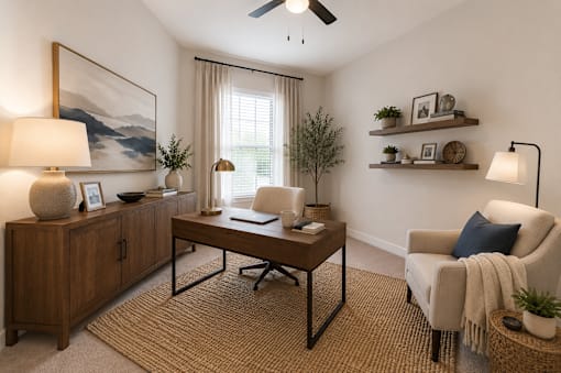 Flexible room staged as a home office with natural light at The Mill Old Town Apartments.