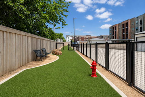 A red fire hydrant sits on a green lawn next to a black fence.