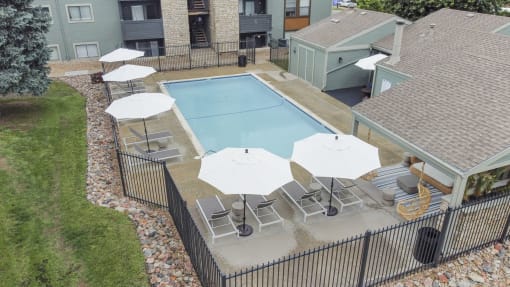 Aerial view of our community pool at Hilltop View Apartments