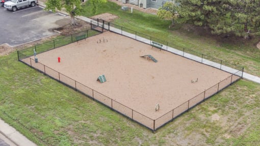 Aerial view of our Dog Agility Park at Hilltop View Apartments