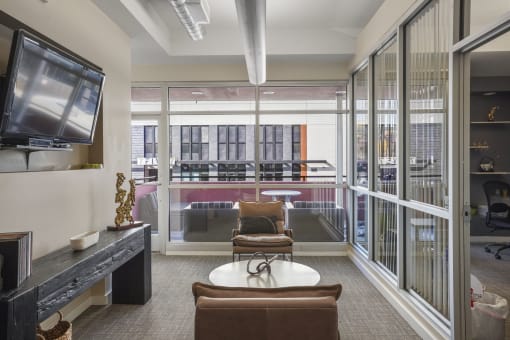 Our Apartment Building Interior Lobby overlooking the Common Area Patio at Sleek Lofts
