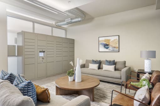 Our Apartment Building Interior Lobby and Package Lockers at Sleek Lofts