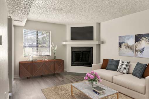 Living Room with Fireplace at Horizon East Apartments
