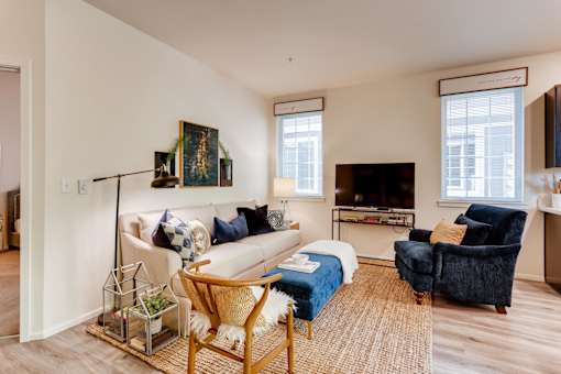 A living room with a white couch and a blue chair.