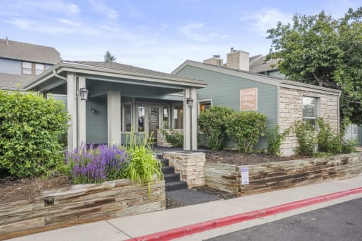 The exterior of the leasing office at Hilltop View Apartments