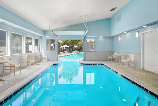 The Indoor/Outdoor Pool at Horizon East Apartments.