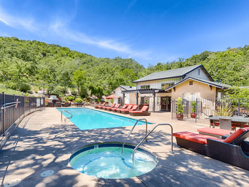 Sparkling swimming pool and soothing spa at Crooked Oak at Loma Verde Preserve, California, 94949