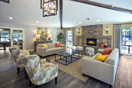 Seating area with fireplace at Club Pacifica, California