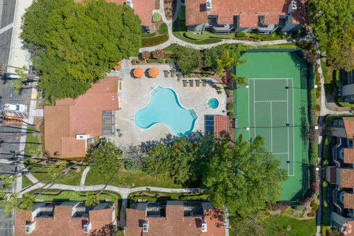arial view of the tennis courts and tennis court at La Serena, San Diego, CA