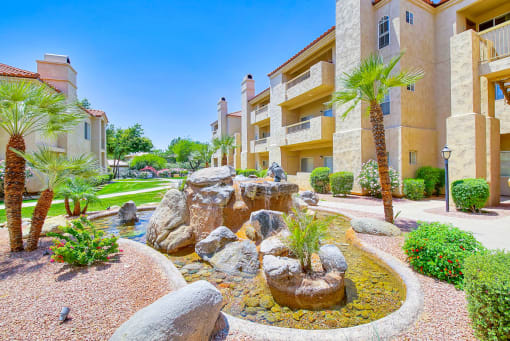 Huge courtyard fountain at Ventana Apartment Homes in Central Scottsdale, AZ, For Rent. Now leasing 1 and 2 bedroom apartments.