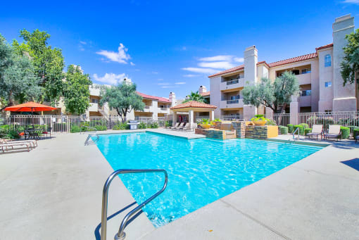 Pool with fountains and cabana at Ventana in Scottsdale, AZ, 1 and 2 bedroom apartments For Rent.