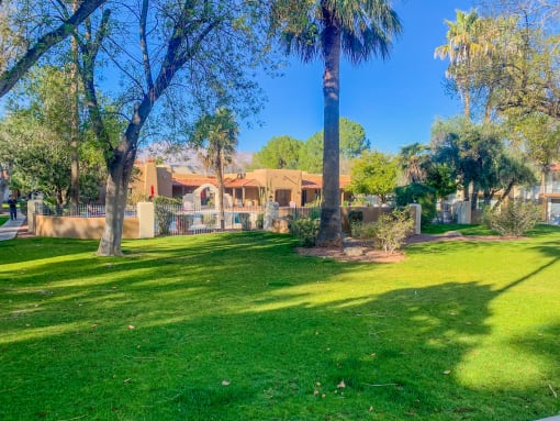 Community  filled with mature trees and lush landscaping at La Hacienda Apartments in Tucson, AZ!