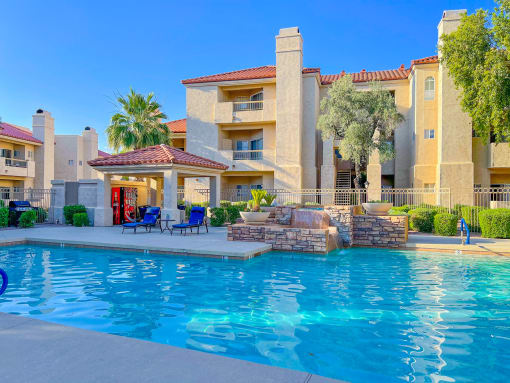 Pool with fountains and cabana at Ventana in Scottsdale, AZ, 1 and 2 bedroom apartments For Rent.