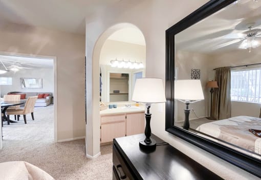 Mirrored vanity at Ventana Apartment Homes in Central Scottsdale, AZ, For Rent. Now leasing 1 and 2 bedroom apartments.