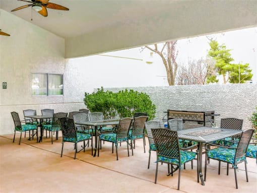 Outdoor community patio at Country Club at The Meadows Senior Apartments in Las Vegas, NV, For Rent. Now leasing 1 and 2 bedroom apartments.