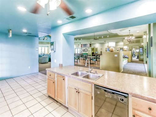 Community kitchen in the clubhouse at Country Club at The Meadows Senior Apartments in Las Vegas, NV, For Rent. Now leasing 1 and 2 bedroom apartments.