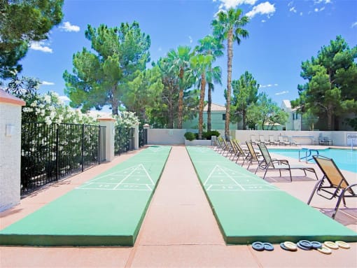 Shuffleboard poolside at Country Club at Valley View Senior Apartments in Las Vegas, NV, For Rent. Now leasing 1 and 2 bedroom apartments.